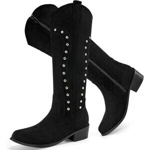 Women Black Suede Knee High Pointed Toe Chunky Heels  Cowgirl Winter Boots